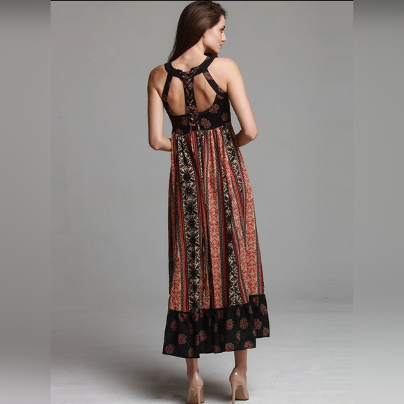 Free People You Made My Day Black Rust Boho Lace Up Back Maxi Dress - Picture 4 of 11